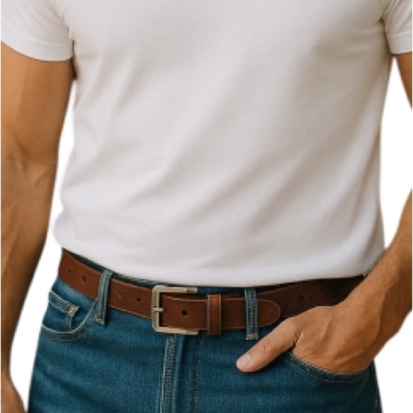 VINTAGE Mens Nutmeg Brown Genuine Leather Belt Brushed Silver-tone Buckle Size M - Picture 1 of 10